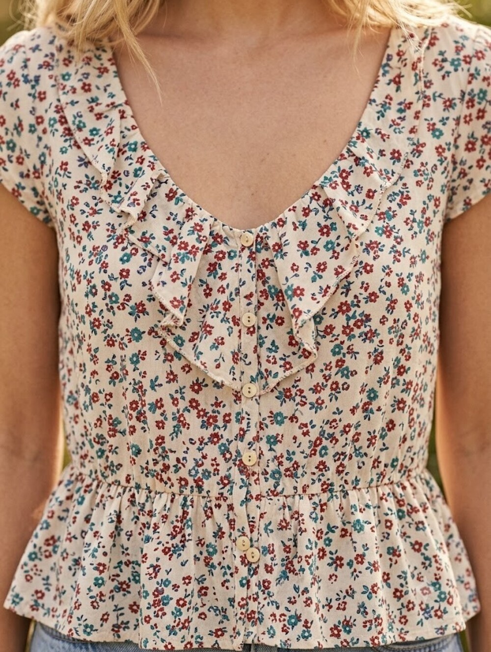Boho Cottagecore Ditsy Floral Milkmaid Ruffle Peplum Top Springfield Boutique